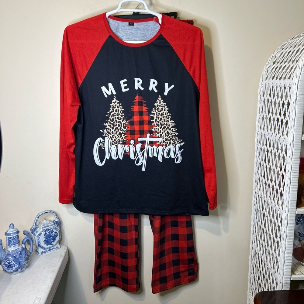 Holiday Pajamas Men’s XL Buffalo Red Black Check Pant Merry Christmas Text Shirt